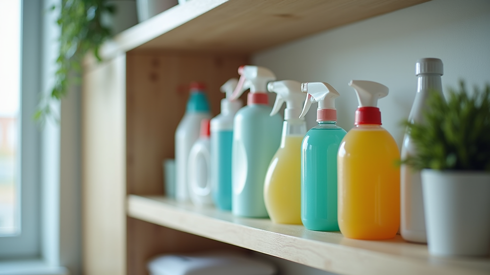 Close-up view of cleaning supplies arranged neatly on a shelf