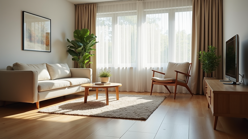 Eye-level view of a clean and organised living room
