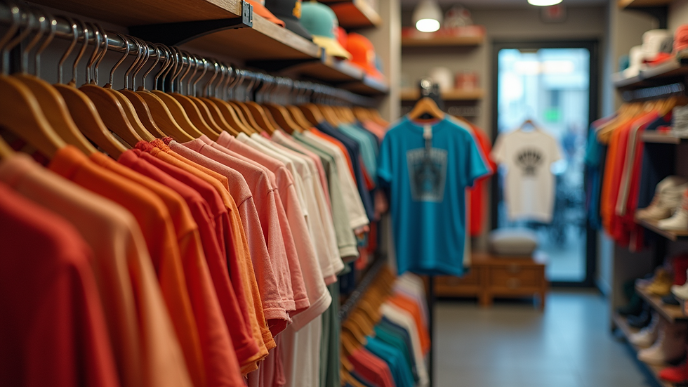 Eye-level view of a vibrant artist merch display with colorful t-shirts and hats