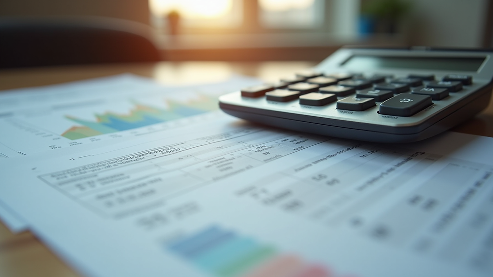 Close-up view of a calculator and financial documents on a desk