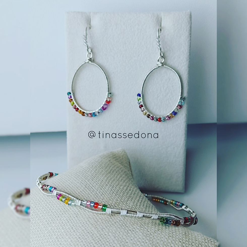 Thumbnail: Hand woven silver bangle and rainbow glass earrings 8 - 1/4 in