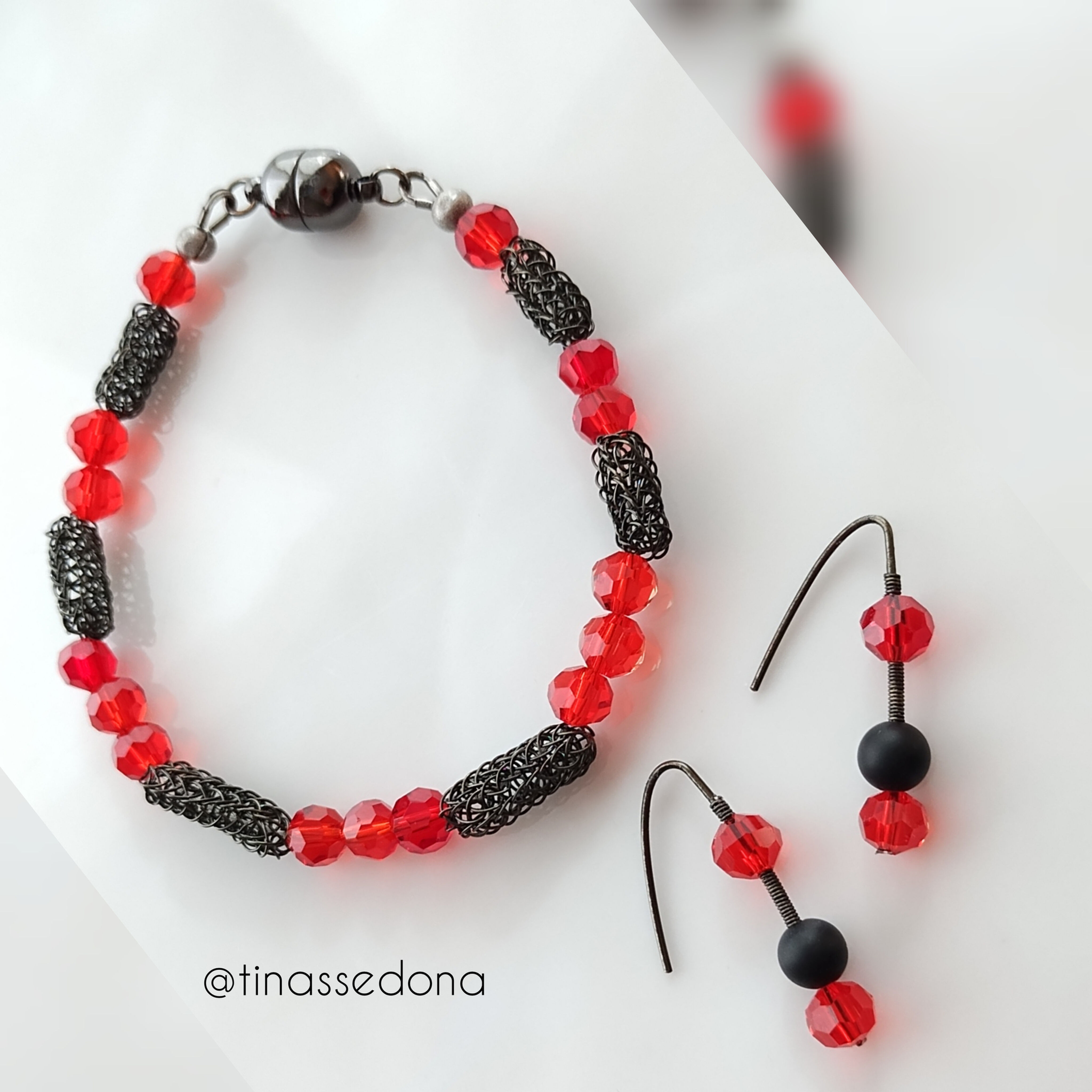 Hand knitted black beads & red glass bracelet & earrings set 7 in