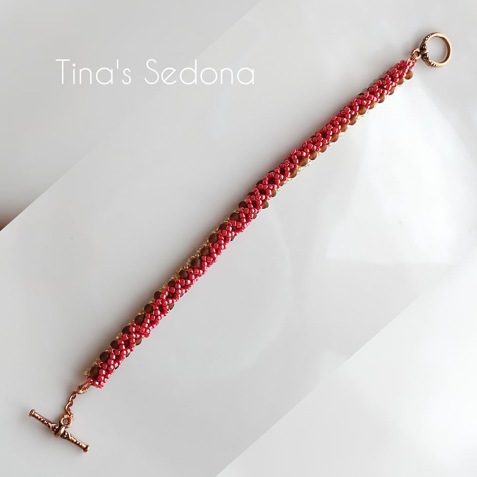 Thumbnail: Hand woven bracelet of raspberry and pale yellow glass