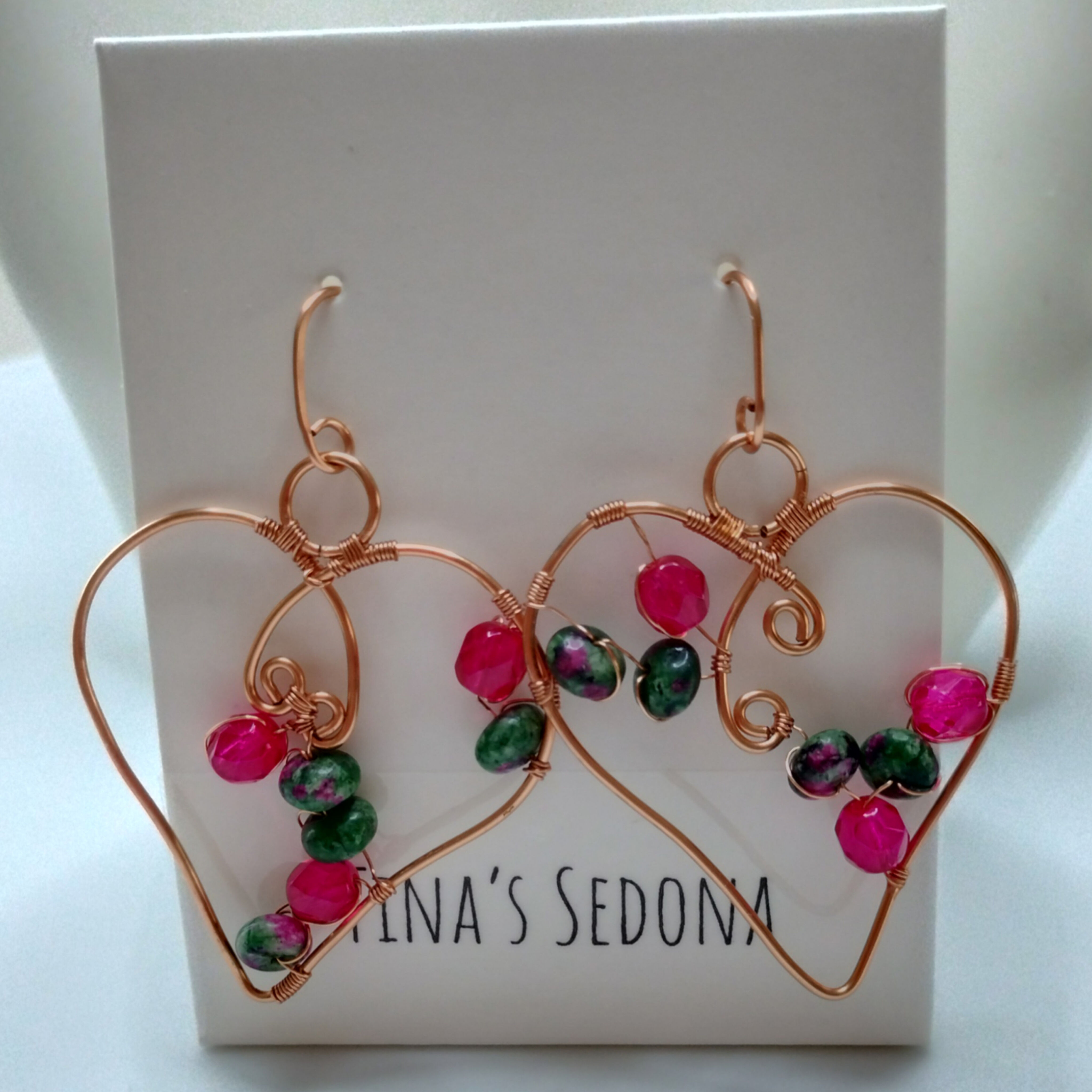 Handmade Valentine hoop earrings of ruby zoisite on copper
