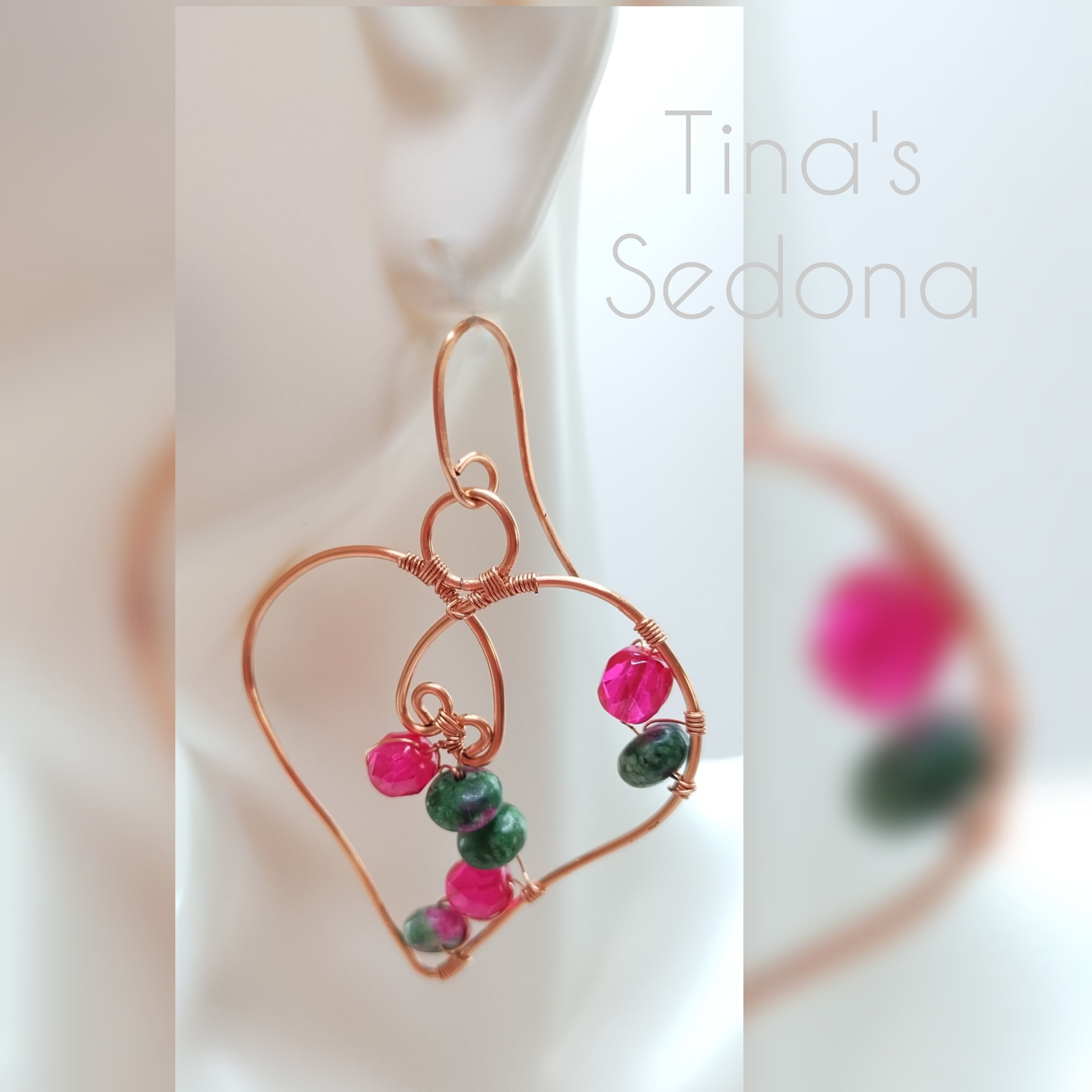 Handmade Valentine hoop earrings of ruby zoisite on copper