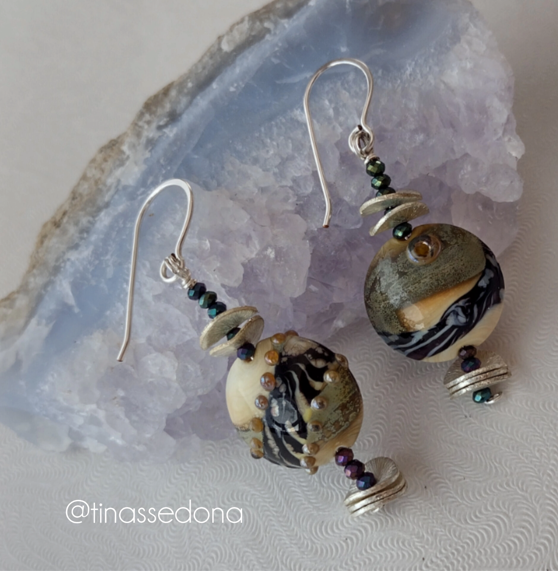 Grey Champagne Lampwork Bead Earrings 2 in