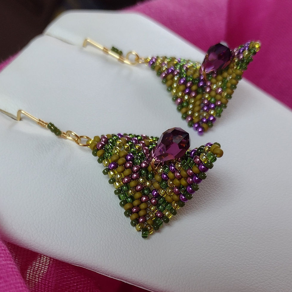 Hand beaded purple and green earrings on gold