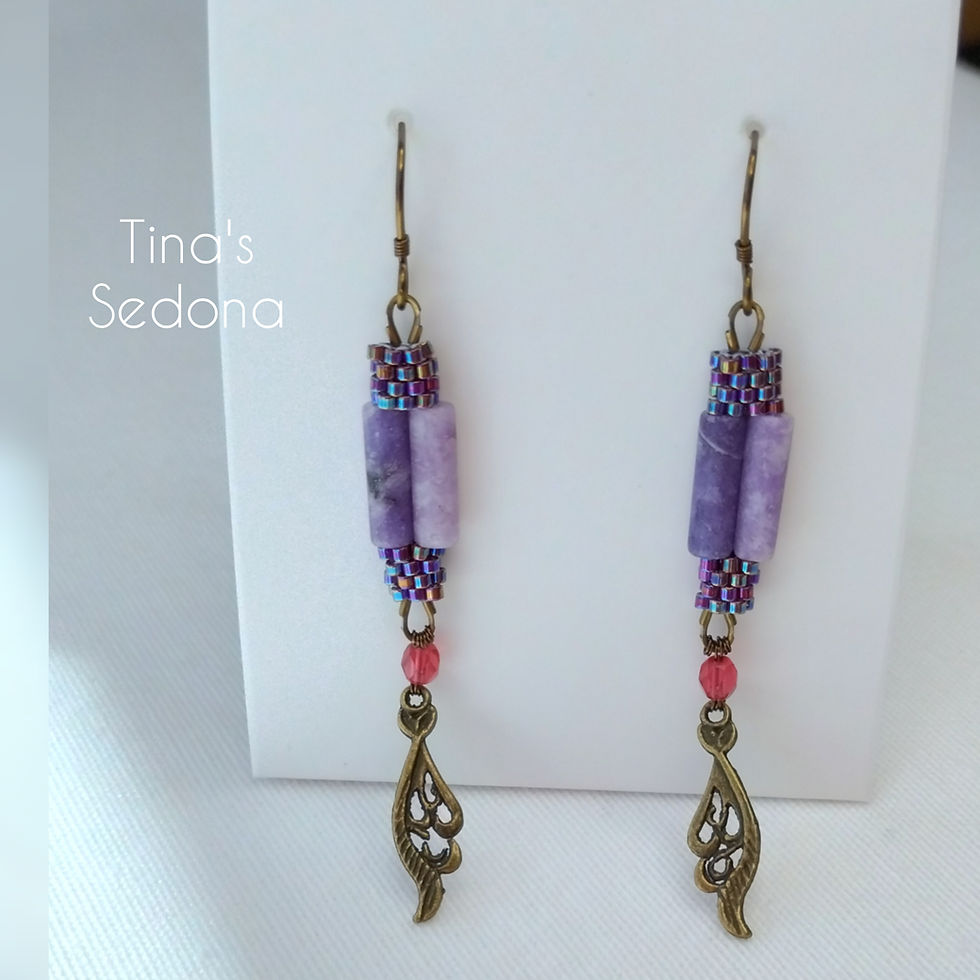 Hand woven earrings of Lepidolite and brass leaf