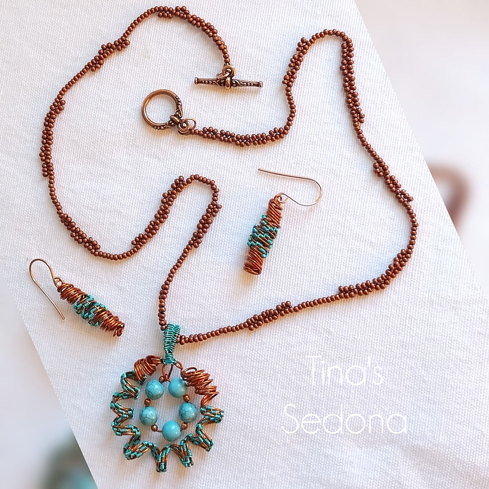 Wire woven bronze & turquoise necklace & earrings