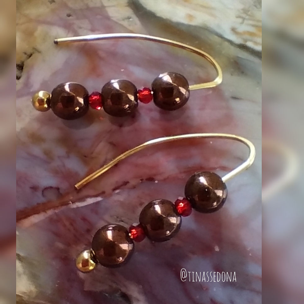 Handmade gold threader earrings of chocolate & red