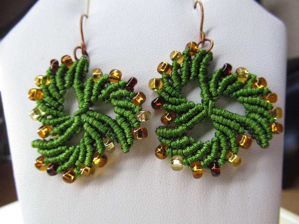 Handmade earrings of fall green and gold micro macrame