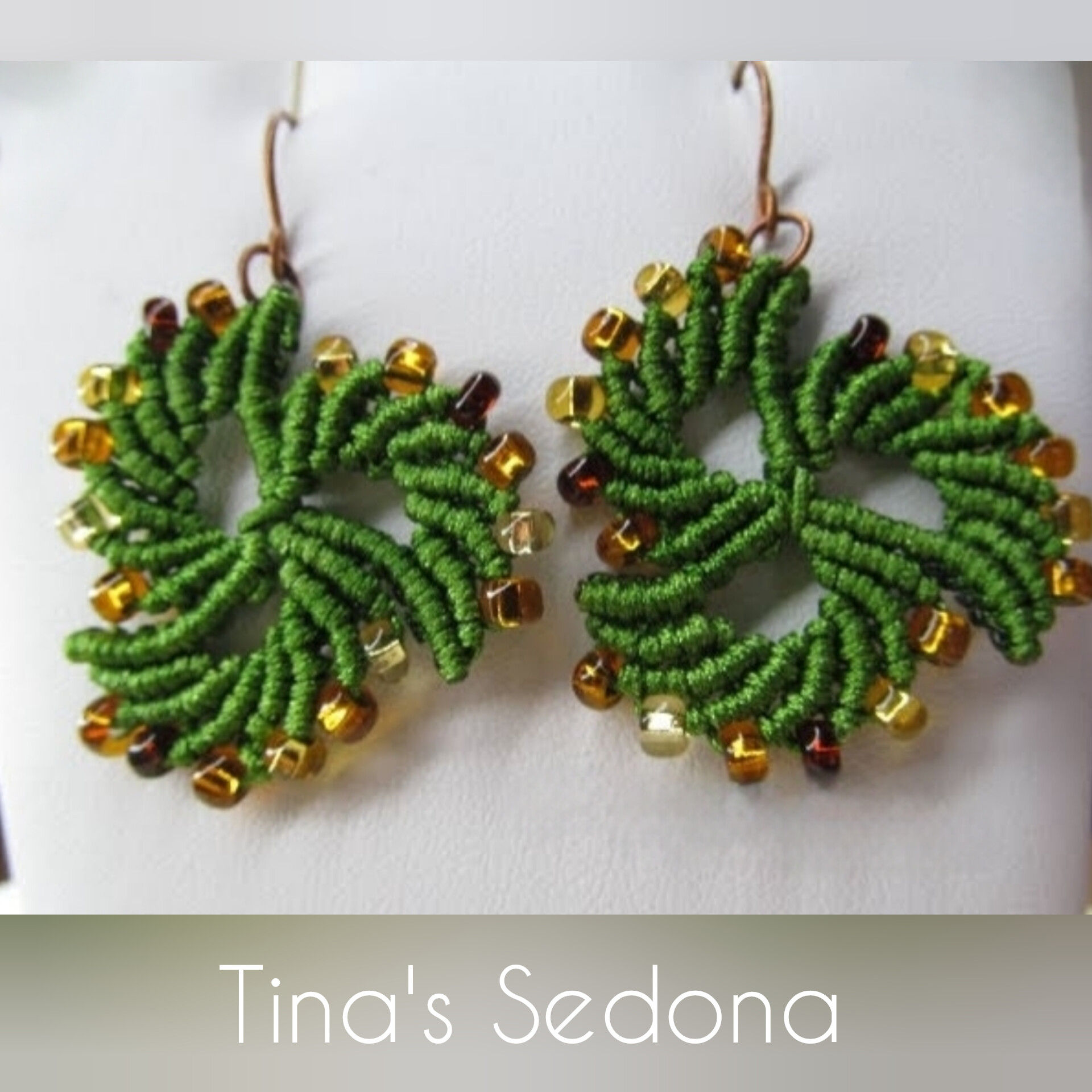 Handmade earrings of fall green and gold micro macrame
