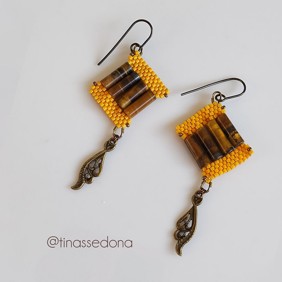 Hand woven earrings of yellow tiger eye stone and glass