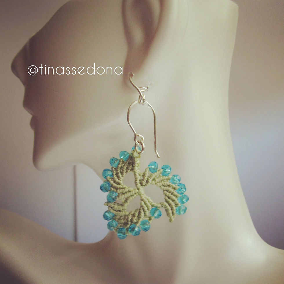 Handmade earrings of pale olive and turquoise micro macrame