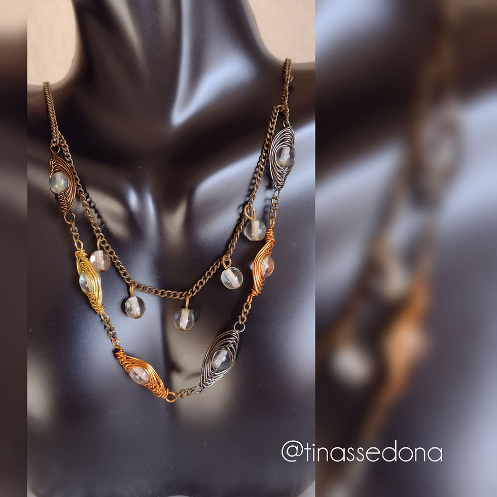Handwoven herringbone necklace and earrings of mixed metals