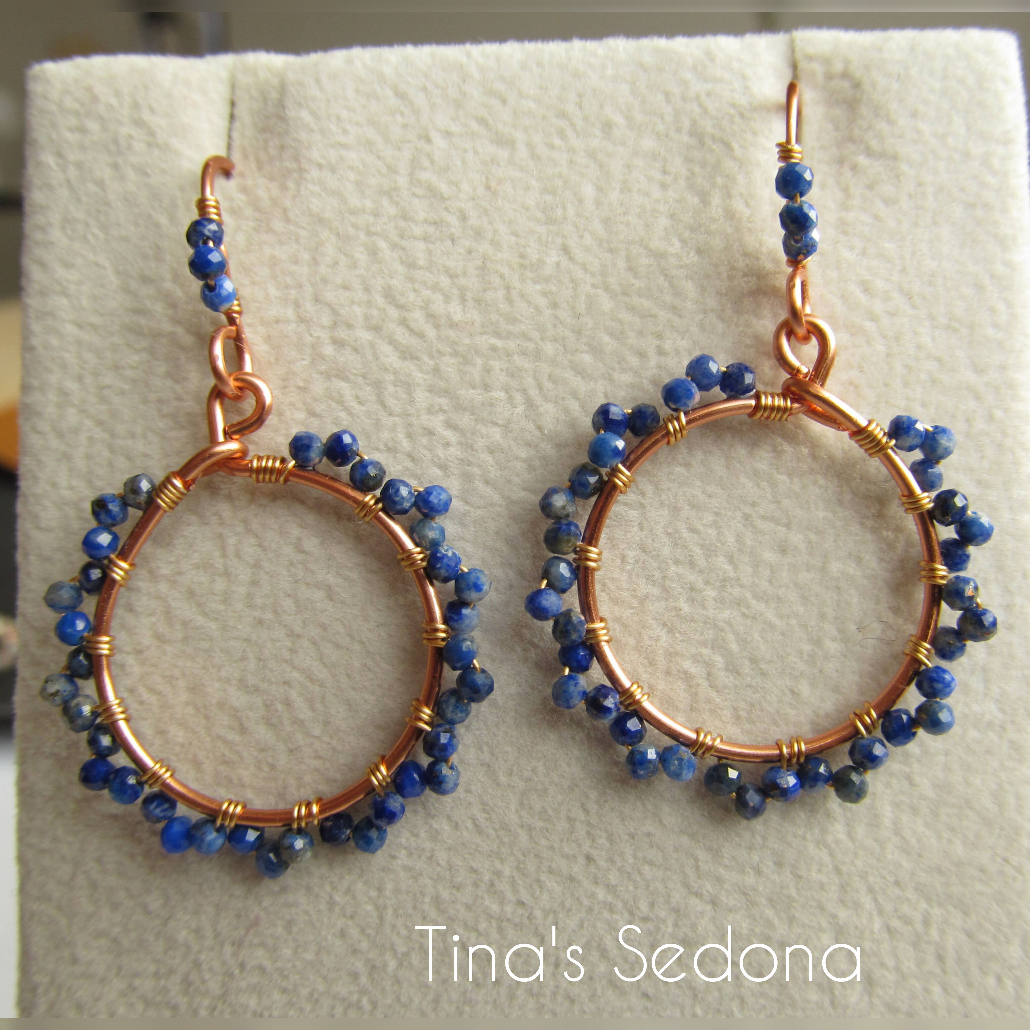 Hand woven natural lapis lazuli on tiny copper hoop earrings