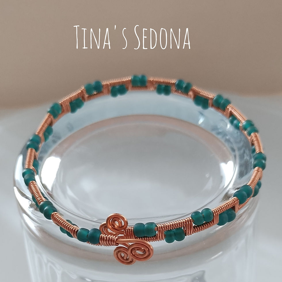 Thumbnail: Hand wired adjustable cuff bracelet of matte green Czech glass and copper