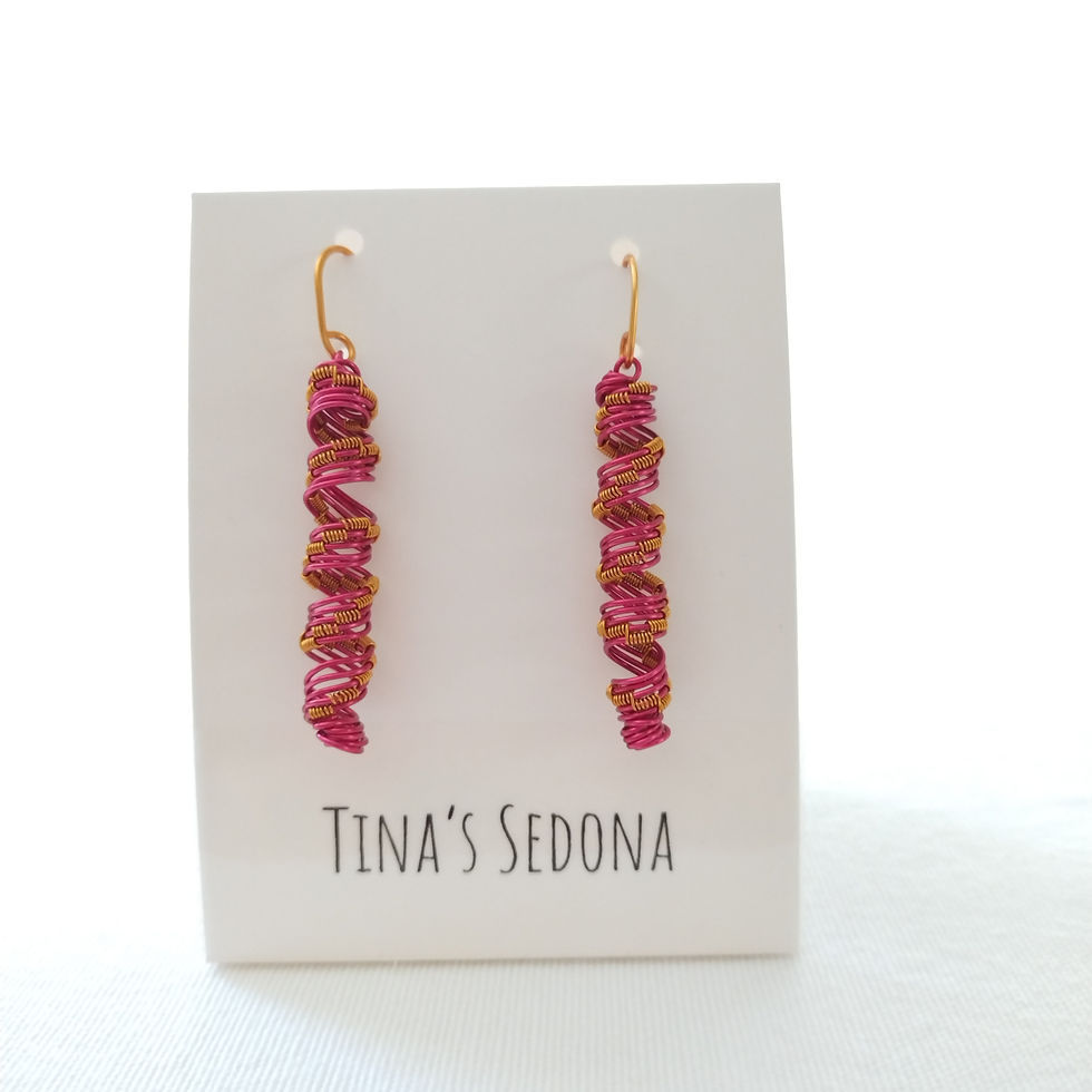 Hand woven cylindrical magenta and bronze wire earrings 2 in