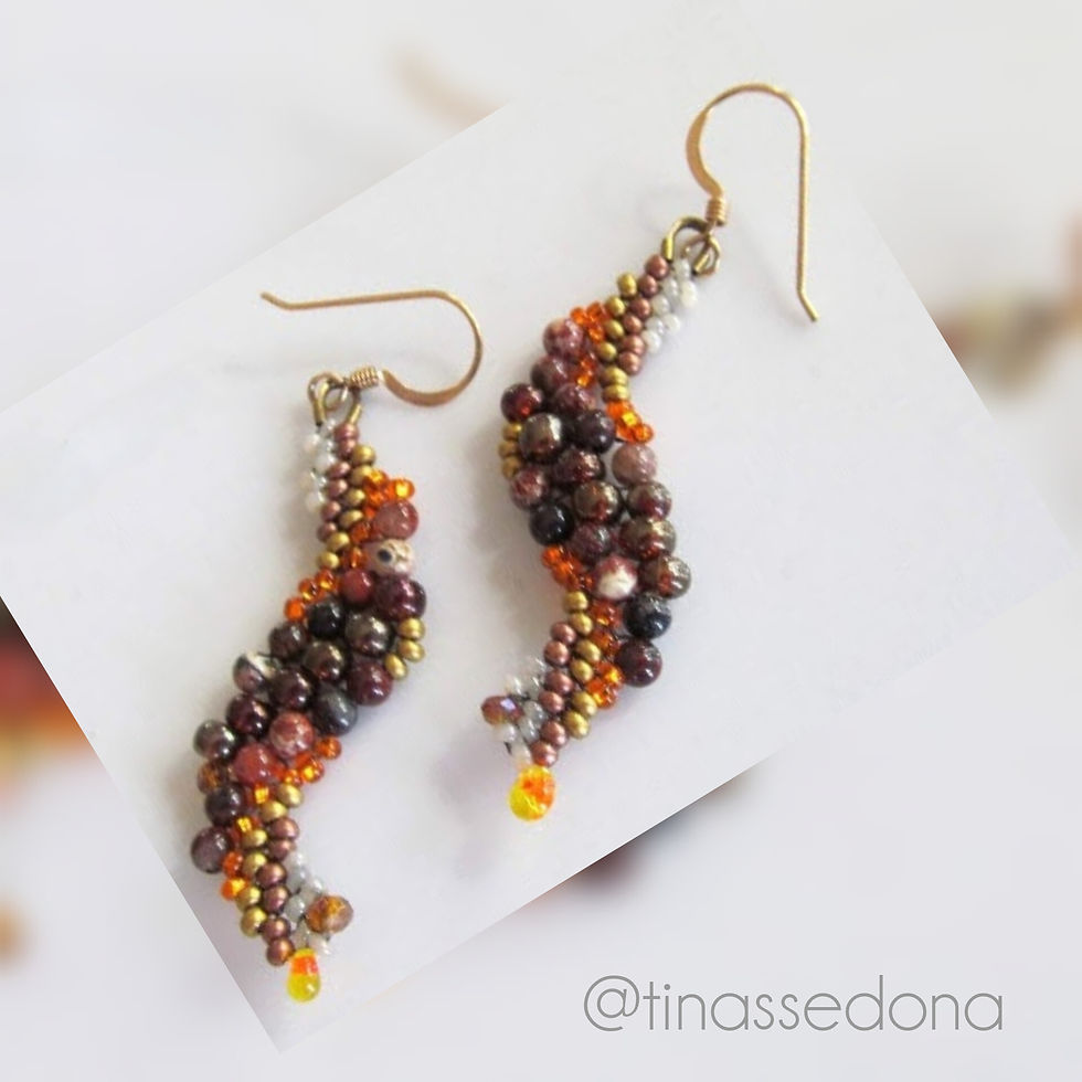 Hand woven earrings of jasper glass and crystal