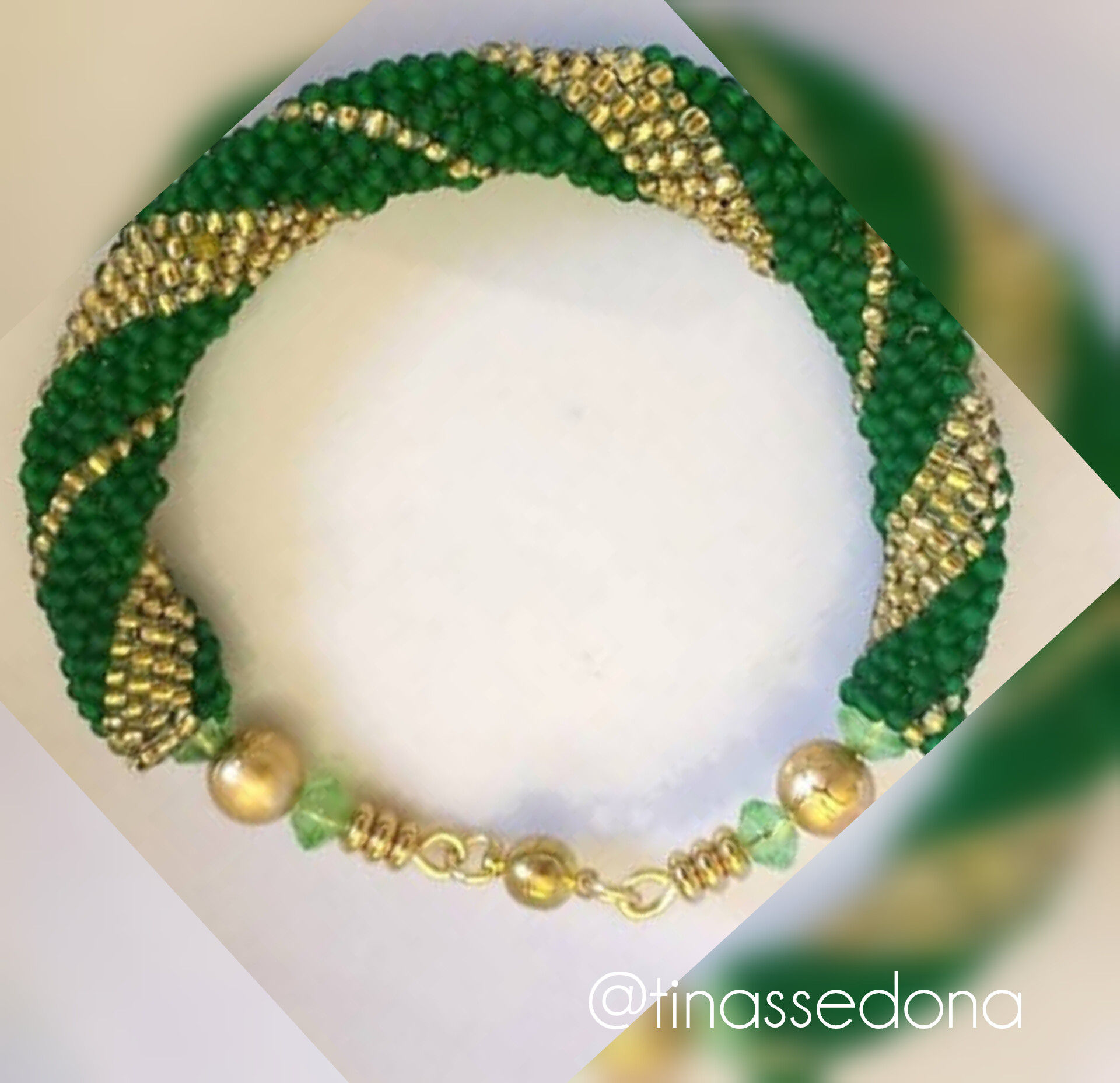 Handmade bracelet beaded in gold and green glass with gold magnetic clasp