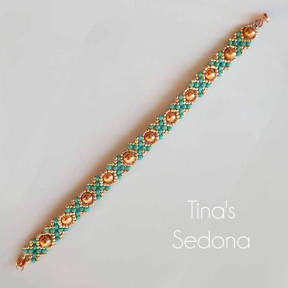 Thumbnail: Hand woven bracelet of turquoise and copper glass beads