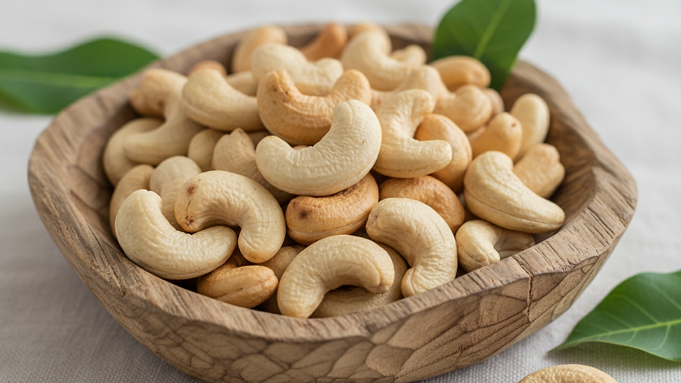 Close-up view of roasted cashews in a wooden bowl