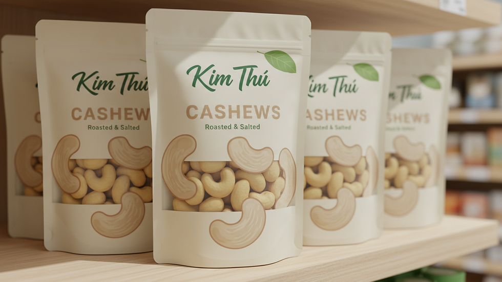 Eye-level view of packaged Kim Thu cashews on a store shelf
