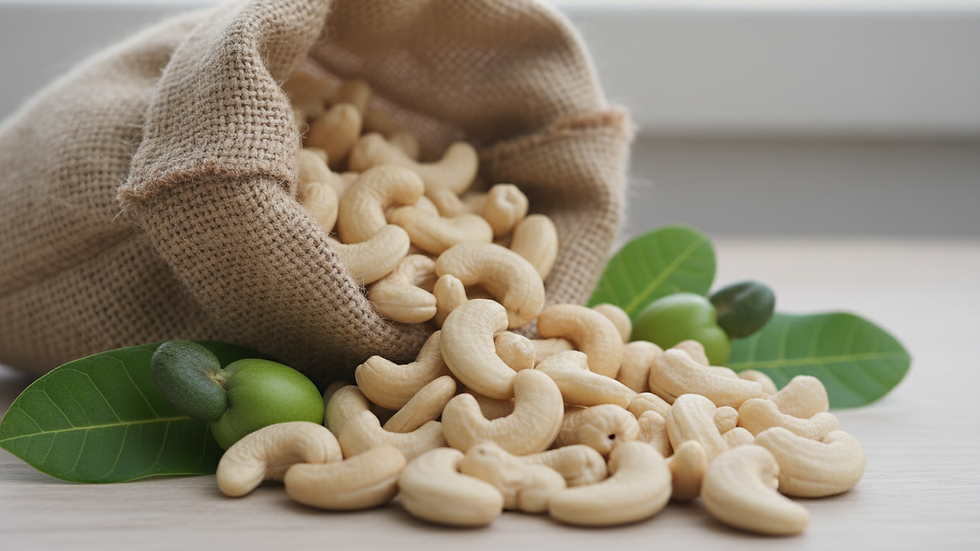 Close-up view of shelled cashews spilling from a burlap sack