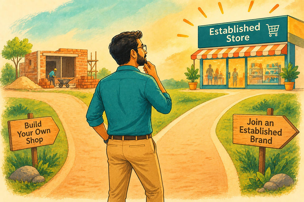 indian entrepreneur choosing between franchise and startup illustration
