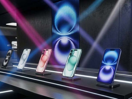 Exposição dos novos iPhone 16 em várias cores vibrantes, destacando-se sob iluminação moderna em uma loja sofisticada.