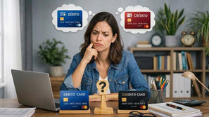 Mulher pondera entre usar cartão de débito ou crédito, representando a escolha financeira em seu ambiente de trabalho.