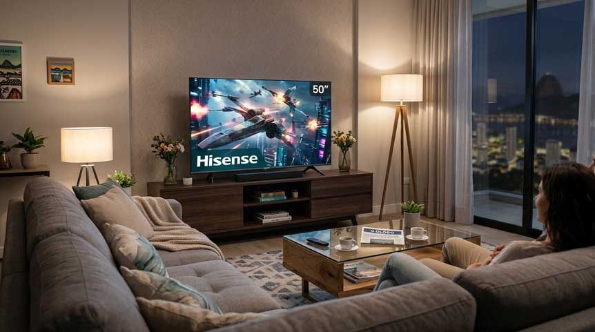 Sala de estar moderna e aconchegante, com uma TV Hisense de 50 polegadas exibindo uma cena de ação vibrante.