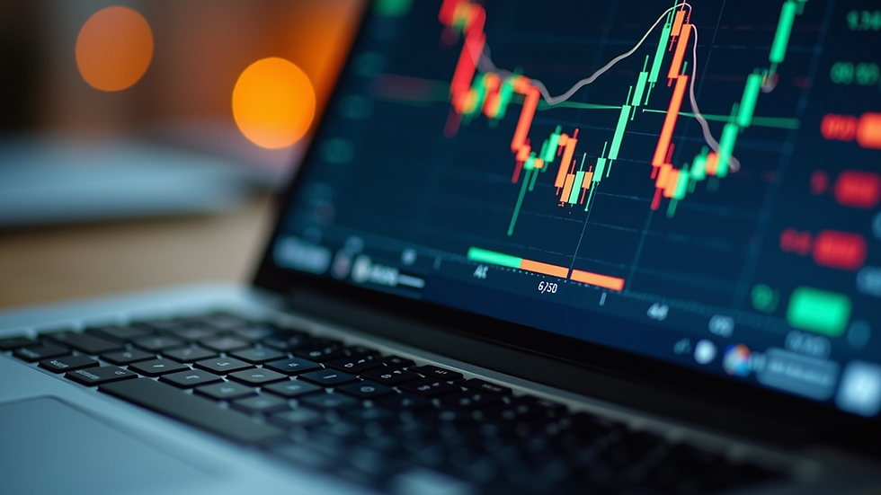 Eye-level view of a laptop screen showing Bitcoin price charts