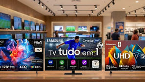 Opções de TVs 4K com ótimo custo-benefício em uma loja, destacando modelos de marcas conhecidas com funcionalidades como HDR, inteligência artificial e recursos de upscaling.