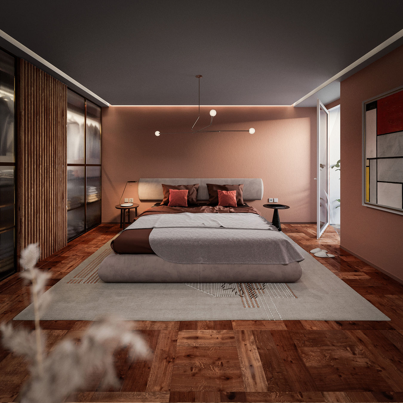 Contemporary bedroom interior rendering with warm peach walls, wood floor, upholstered bed, modern pendant light, and built-in wardrobe.