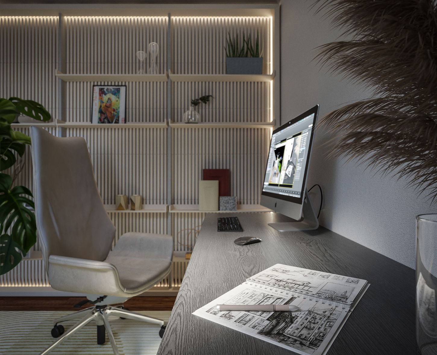 Expert 3D rendering of a contemporary home office with computer workstation, backlit shelves, potted plants, and design sketches, showcasing archviz solutions for workspace visualizations.