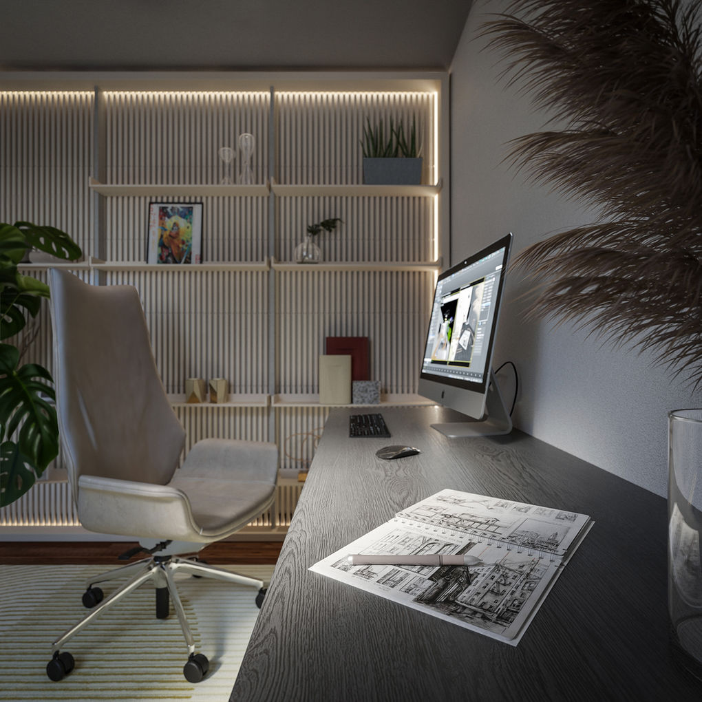 Expert 3D rendering of a contemporary home office with computer workstation, backlit shelves, potted plants, and design sketches, showcasing archviz solutions for workspace visualizations.
