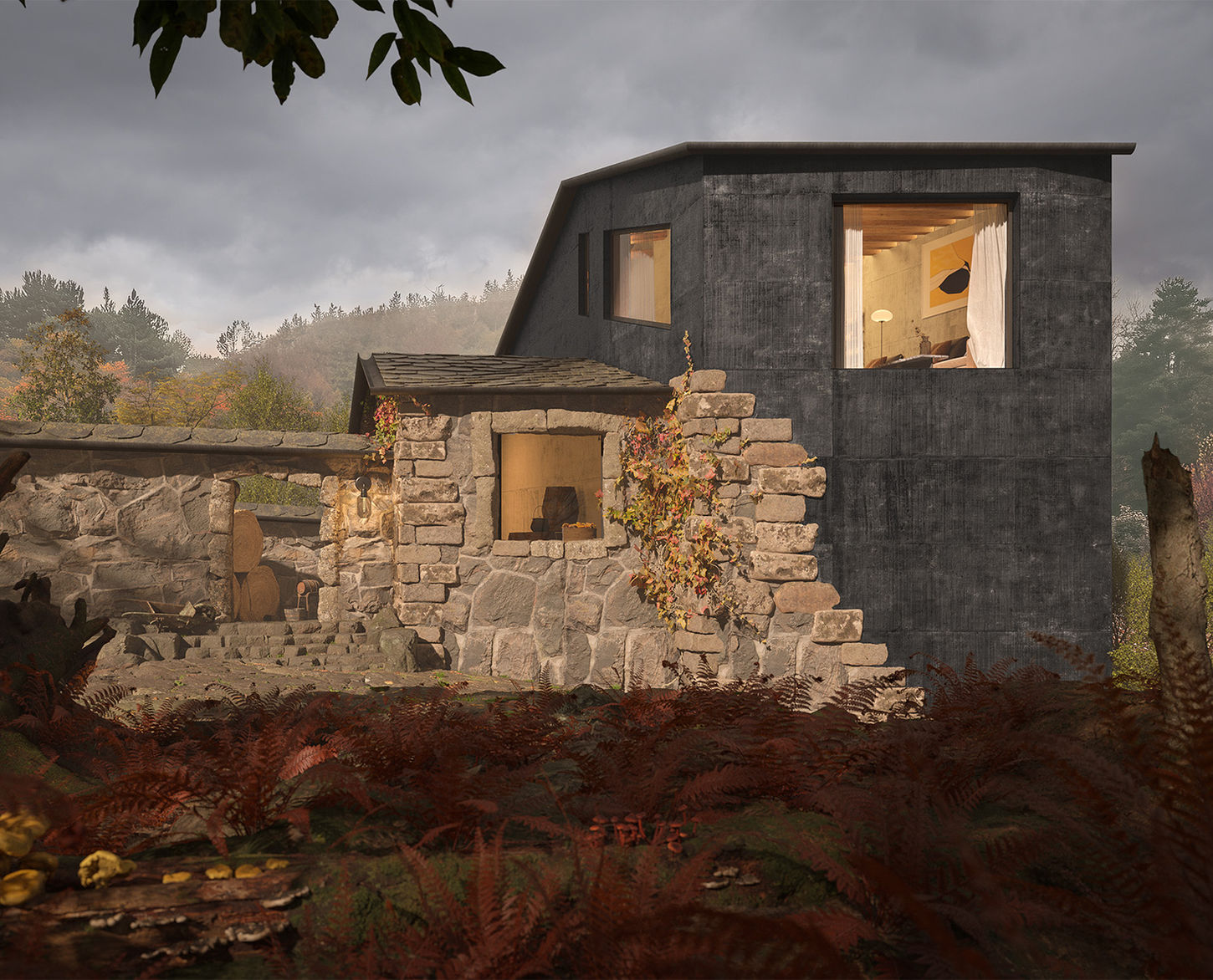 3D architectural rendering of a compact modern house emerging from stone walls in a rainy autumn forest, with illuminated windows and lush foliage, showcasing premium archviz solutions for unique designs.
