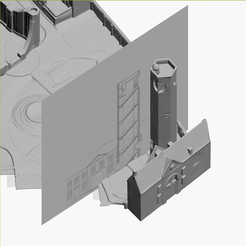 Early clay model study of the Hasselt Beguinage tower, showing its position beside the historic buildings and a section reference plane.