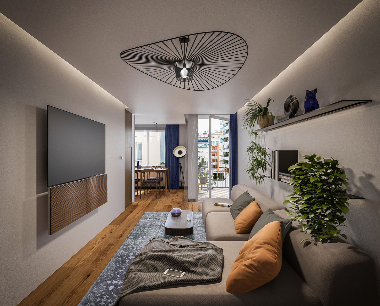 3D interior visualization of a compact modern living room featuring sectional sofa, large TV, indoor plants, and balcony access with urban views, provided by leading archviz rendering experts.