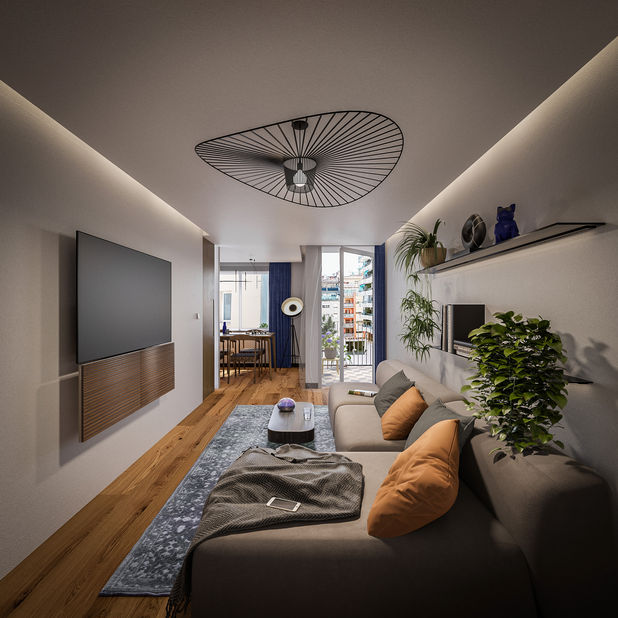 3D rendering of a compact or small contemporary living room with a large TV, sofa, and modern, vibrant decor, leading to a dining area and balcony.