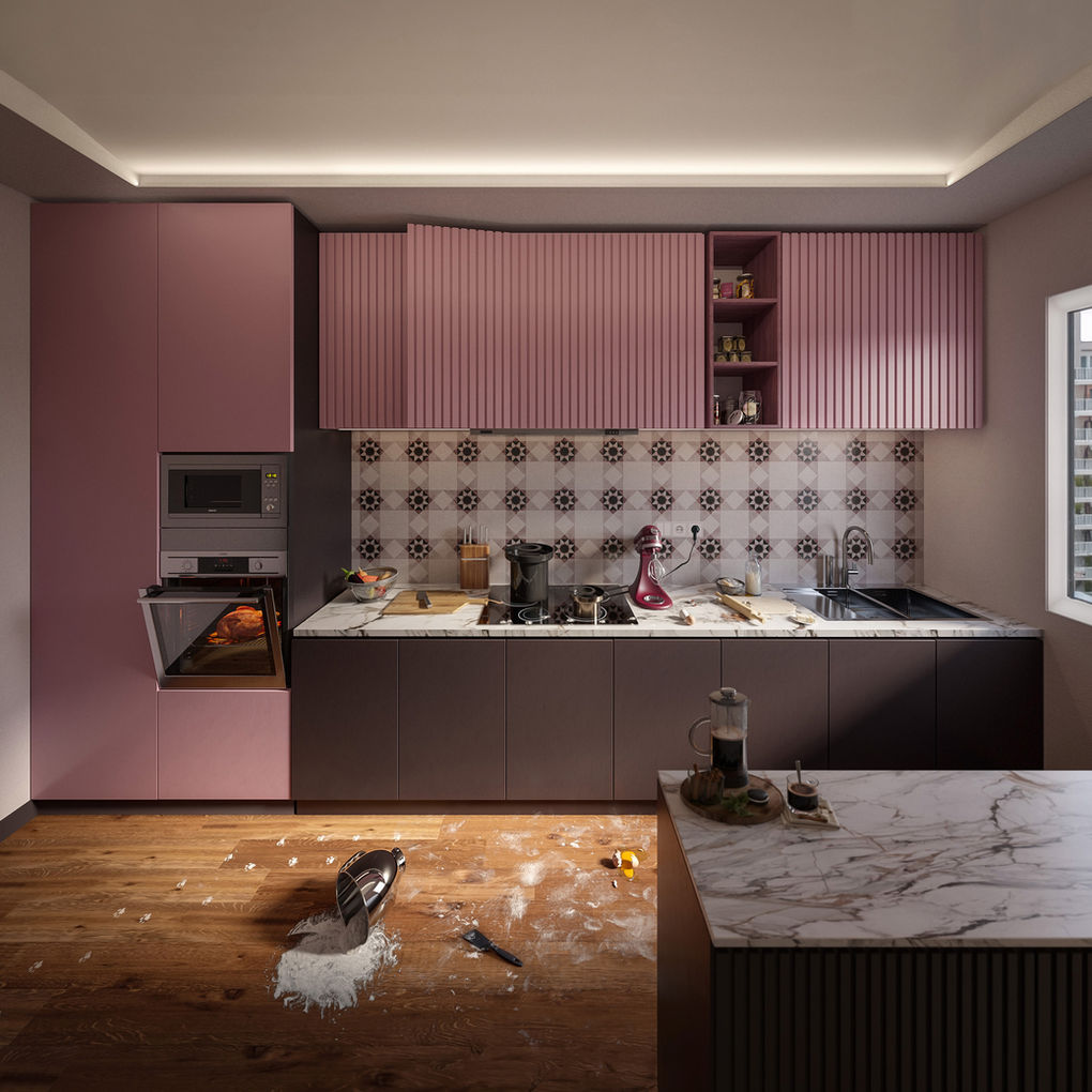 Interior rendering of taupe modern kitchen with a mess caused by a passing cat