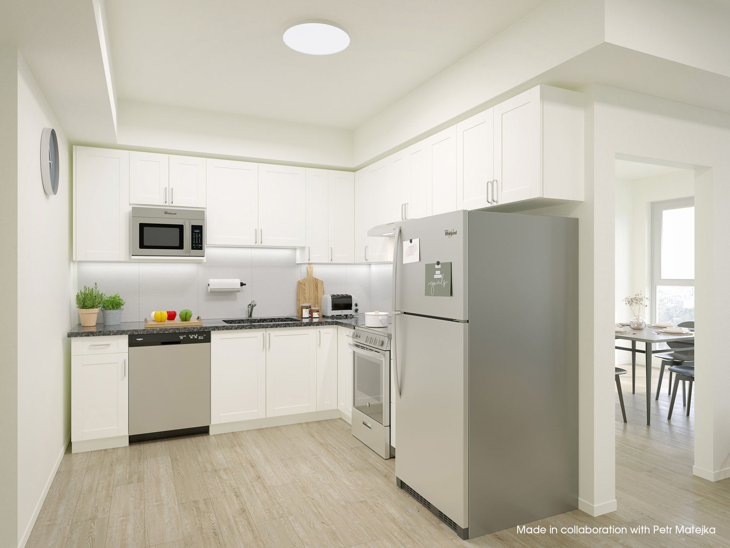White L-shaped kitchen with stainless refrigerator, microwave, range, and dishwasher, with a view toward the dining area.