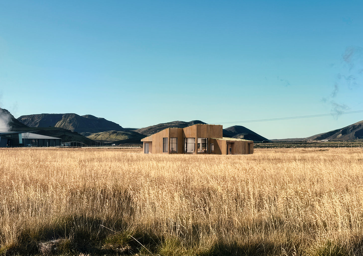 Exterior rendering of a wooden cabin in open grassland with mountains and geothermal steam in the background.