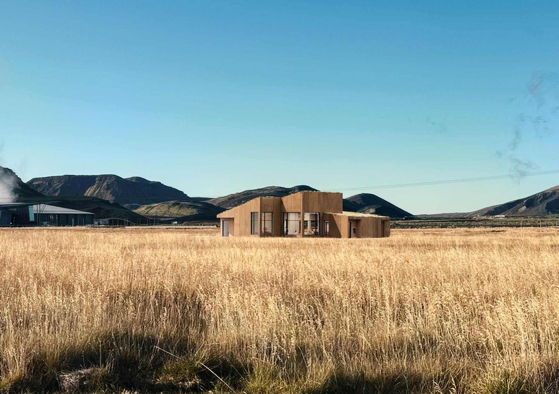 3D architectural visualization of a minimalist wooden cabin in expansive golden grasslands with volcanic mountains and geothermal steam, under a bright blue sky, highlighting remote landscape rendering for expert archviz services.