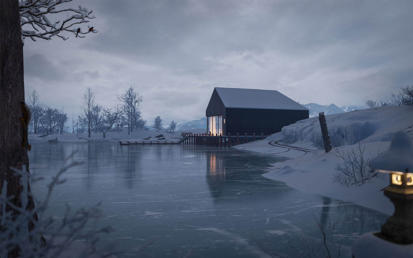 Architectural rendering of a black cabin beside a frozen lake in a quiet winter landscape.
