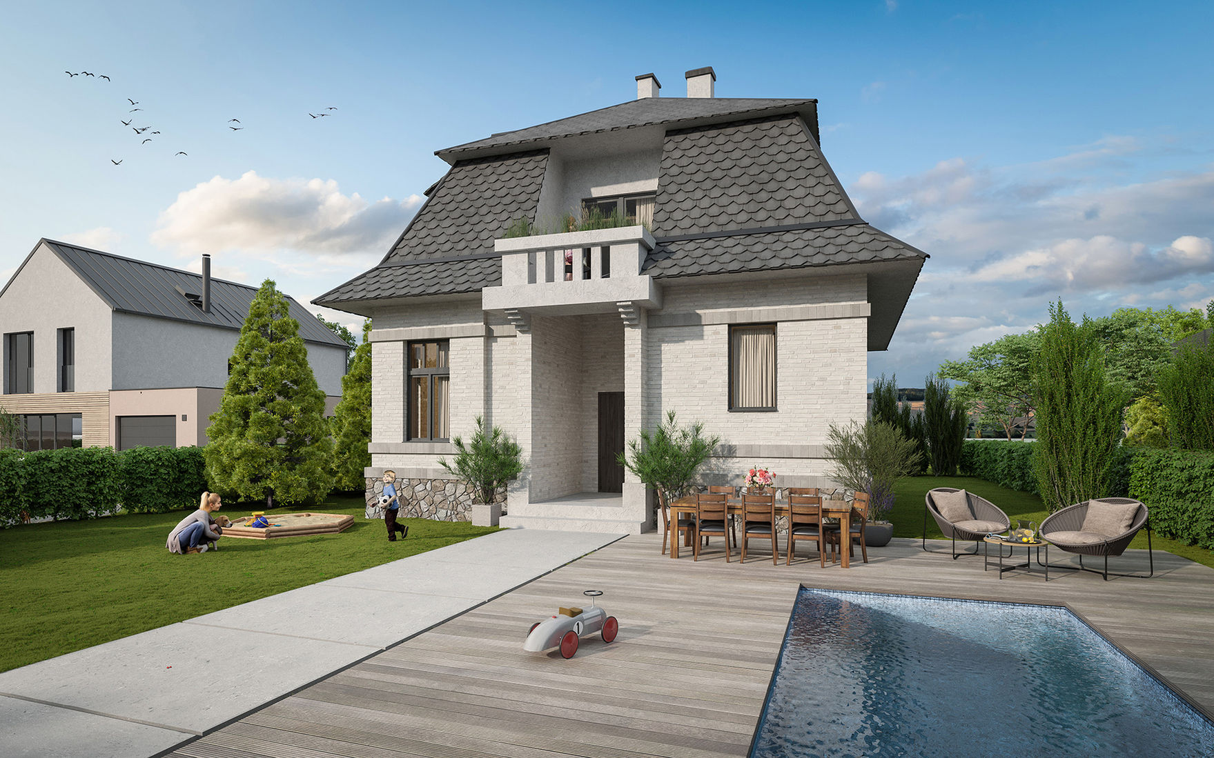 3D architectural visualization of a contemporary brick family home with sloped roof, balcony, lush green yard, children playing in sandbox, outdoor wooden deck, dining area, and swimming pool, showcasing detailed exterior rendering for professional archviz services.