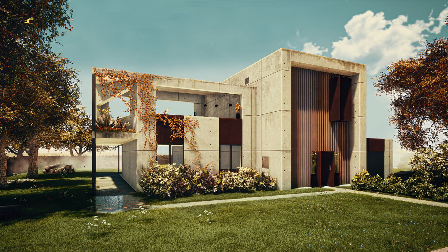 3D rendering of a modern concrete house with large windows and a landscaped garden, featuring autumn foliage and clear skies.
