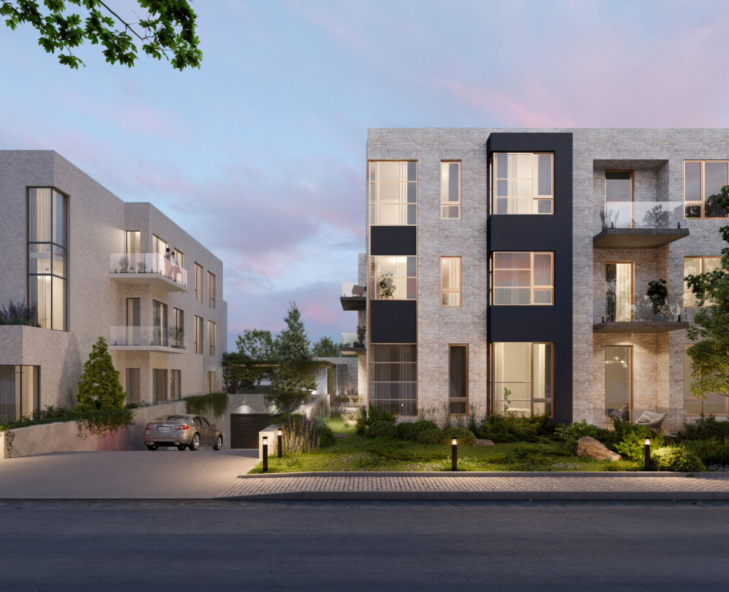 3D visualization of modern urban apartment buildings at twilight, featuring brick facades, balconies, landscaped gardens, and street lighting, specialized in architectural rendering and archviz services.