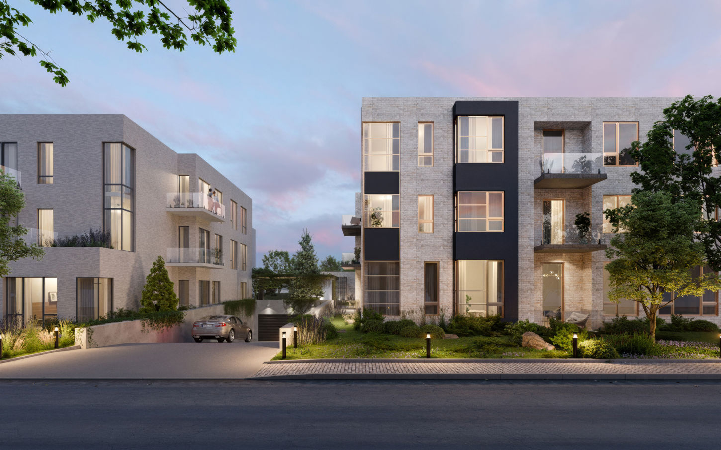 Exterior architectural rendering of brick apartment buildings with balconies, landscaped gardens, and evening lighting.